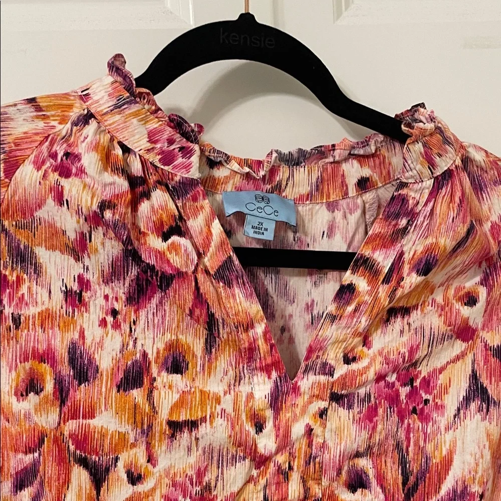 CeCe Vibrant Pink and Orange Tiered Short Sleeve Dress 2X - Picture 3 of 6